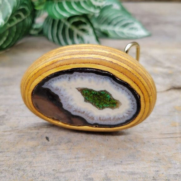 Carved Wood Brass Belt Buckle Inset Sliced Agate Geode Enamel Unisex - Picture 11 of 13
